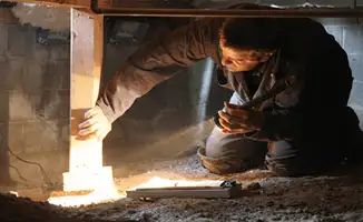 A professional inspecting wooden beams under the floor of a structure in Charlotte, NC